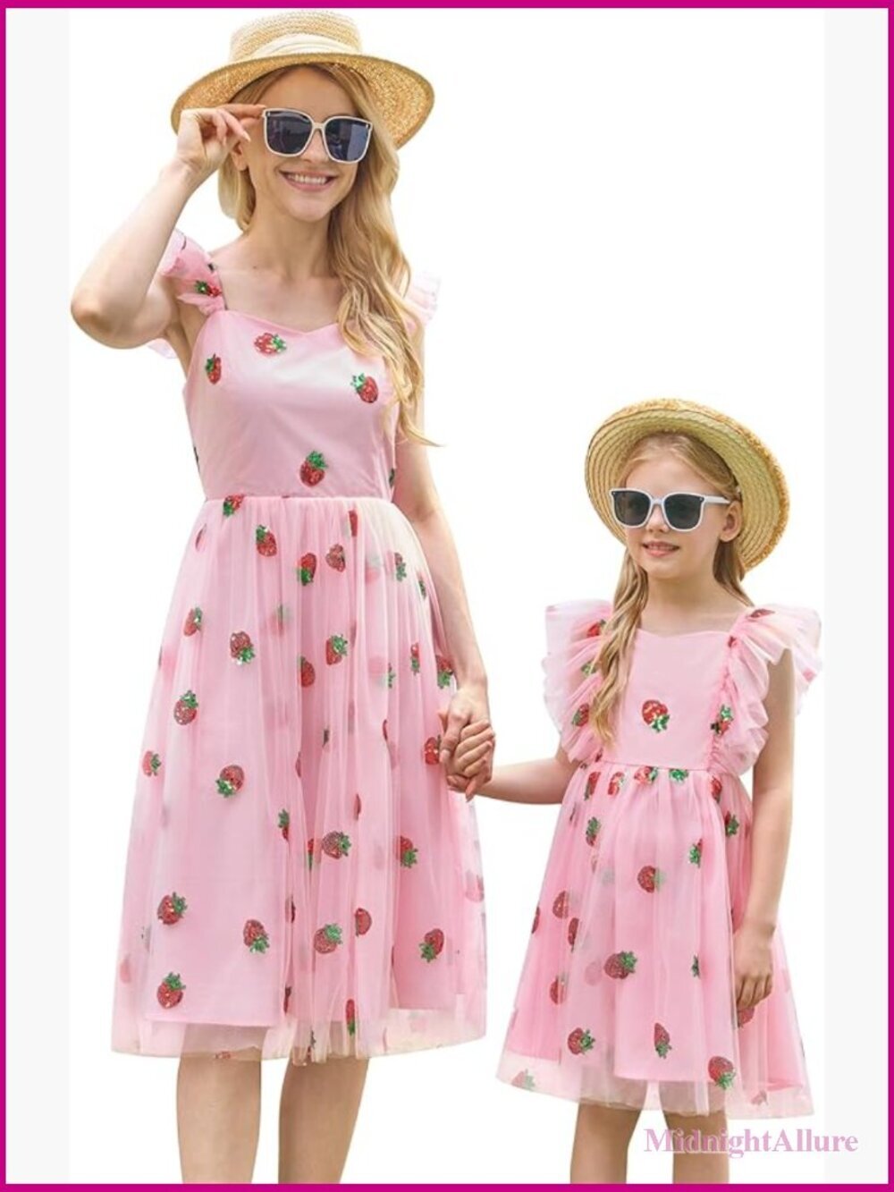 Mommy and Me Strawberry Tulle Dress Flutter Sleeve Bow Tie Back A-line